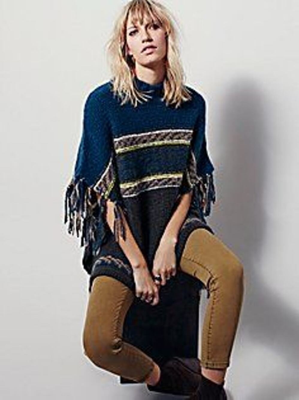 New FREE PEOPLE Labyrinth Sweater Poncho FRINGED $168 X-SMALL/SMALL XS/S Green